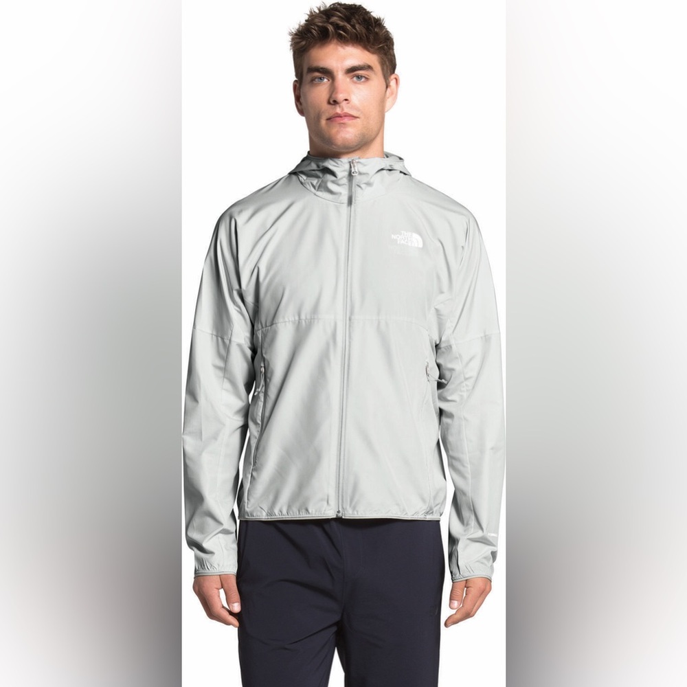 The North Face Men’s light gray flyweight hoodie rain jacket